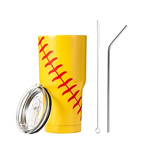 YONGCHI, Akmazousa 30oz Softball Tumbler Stainless Steel Tumblers Insulated Drinking Cups Softball Cup with Lids and Straw ( Softball, 30oz )