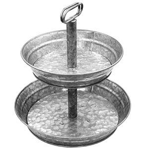 two tiered tray decor stand - galvanized 2 tier tray for cupcake, dessert, fruit or vegetable - authentic farmhouse tiered tray for home decor - tiered serving stand - vintage 2 tiered tray
