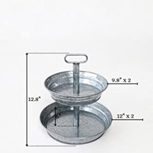 Two Tiered Tray Decor Stand - Galvanized 2 Tier Tray for Cupcake, Dessert, Fruit or Vegetable - Authentic Farmhouse Tiered Tray for Home Decor - Tiered Serving Stand - Vintage 2 Tiered Tray