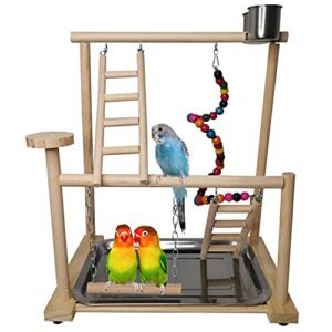 parrots playground, bird play gym wood perch stand colours revolving climb ladders swing chewing toys with parakeet feeding cups exercise activity center for conure cockatiel lovebirds(include a tray)