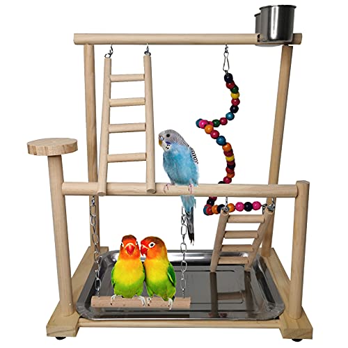 Parrots Playground, Bird Play Gym Wood Perch Stand Colours Revolving Climb Ladders Swing Chewing Toys with Parakeet Feeding Cups Exercise Activity Center for Conure Cockatiel Lovebirds(Include a Tray)