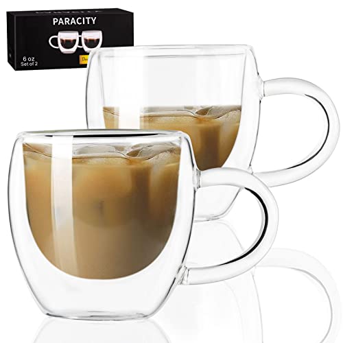 PARACITY Espresso Cups Set Of 2, Double Wall Insulated Glass Coffee Mugs 5.5 OZ, Cappuccino Cups with Handle, Clear Glass Coffee Cups Travel Camping for Cappuccino/Latte/Tea/Shots … (5.5OZ)