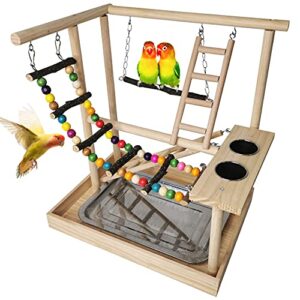 hamiledyi parrots playground, bird play gym wood perch stand colours climb ladders swing chewing toys with parakeet feeding cups exercise activity center for conure cockatiel lovebirds(include a tray)