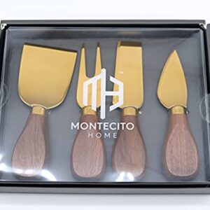 Montecito Home -Premium Modern Black Walnut and Gold Cheese Knives Set - Set of 4 - For Charcuterie Platters, Cheese Boards, Housewarming, Gift Ready