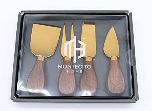 Montecito Home -Premium Modern Black Walnut and Gold Cheese Knives Set - Set of 4 - For Charcuterie Platters, Cheese Boards, Housewarming, Gift Ready