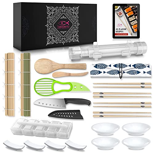 Takedento PREMIUM Sushi Making Kit – DIY Sushi Making Kit for Beginners – Transparent Sushi Bazooka – Food Grade Safe Sushi Set – Bamboo Sushi Rolling Mats – 23 Piece All You Need Sushi Making Kit