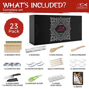 Takedento PREMIUM Sushi Making Kit – DIY Sushi Making Kit for Beginners – Transparent Sushi Bazooka – Food Grade Safe Sushi Set – Bamboo Sushi Rolling Mats – 23 Piece All You Need Sushi Making Kit