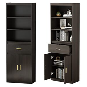fufu&gaga modern bookcase storage cabinet, tall storage wooden bookshelf with 3 tiers shelf, 2 doors & 1 drawer for home office, bedroom, living room, 23.6" w x 11.8" d x 70.8" h, black-brown