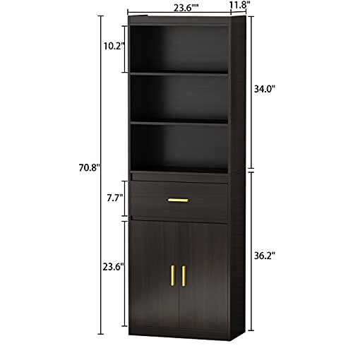 FUFU&GAGA Modern Bookcase Storage Cabinet, Tall Storage Wooden Bookshelf with 3 Tiers Shelf, 2 Doors & 1 Drawer for Home Office, Bedroom, Living Room, 23.6" W x 11.8" D x 70.8" H, Black-Brown