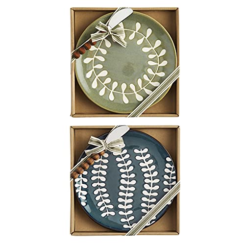 Mud Pie Painted Leaf Cheese Set, Green, plate 8 1/2" dia | spreader 6"