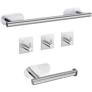 self adhesive towel bar, jigiu bathroom hardware set include 16-inch bath towel bar,toilet paper holder & 3 packs towel hooks sus304 stainless steel wall mount no drill sticky on towel holder kit