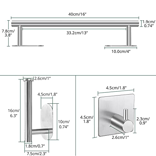 Self Adhesive Towel Bar, JiGiU Bathroom Hardware Set Include 16-Inch Bath Towel Bar,Toilet Paper Holder & 3 Packs Towel Hooks SUS304 Stainless Steel Wall Mount No Drill Sticky on Towel Holder Kit