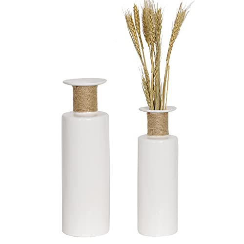 Fengson Small Ceramic Vase Set of 2, 10”&12” Tall,Modern Farmhouse White Floral Vase,Flower Vase with differing Unique Rope Design,Distressed Décor for Rustic Home,Wedding Centerpiece,Housewarming