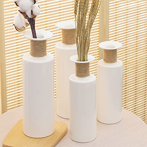 Fengson Small Ceramic Vase Set of 2, 10”&12” Tall,Modern Farmhouse White Floral Vase,Flower Vase with differing Unique Rope Design,Distressed Décor for Rustic Home,Wedding Centerpiece,Housewarming