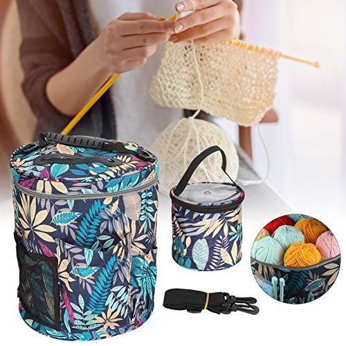 Pssopp 2Pcs Portable Woolen Yarn Storage Bag Knitting Bag, Yarn Storage Round Tote Bag, 600D Oxford Cloth Printing Multi-Pocket Hand Strap(Blue Leave)