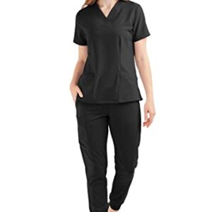 Tafford Active Stretch Women’s Cargo Jogger Scrub Set – Includes V-Neck Top and Elastic Jogger Pant (Medium, Onyx Black)