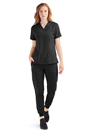 Tafford Active Stretch Women’s Cargo Jogger Scrub Set – Includes V-Neck Top and Elastic Jogger Pant (Medium, Onyx Black)