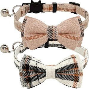 kudes 2 pack cat collars set, cat collar breakaway with cute bow tie and bell, adjustable from 7.5-10.8 inch, soft and comfortable for kitten and some puppies (beige + brown)