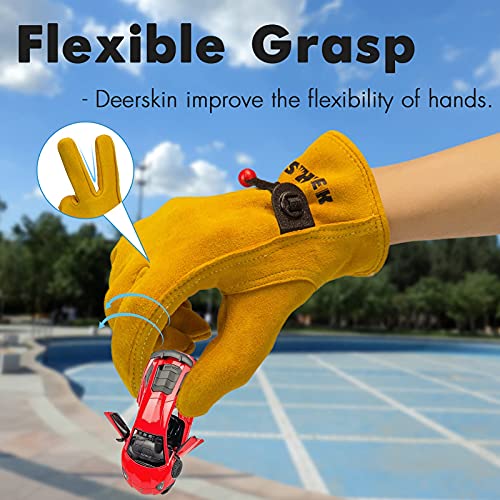 FEISHDEK Kids Work Gloves Age 2-14, Extra Soft Deerskin Suede, Durable, Flexible Toddler Youth Genuine Leather Gloves for Kids Yard Work, Working, Gardening (Small, Yellow, 2-4 Years Old)