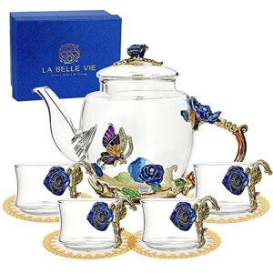 Pretty Glass Tea Sets for Women, Small Coffee Espresso Shot Tea Cups of 4, Flower Teapot and Cup Set, Clear Tea Kettle, Fancy Tea Set for Adults Girls Kids Tea Party, Gift for Women Mom Wife Christmas