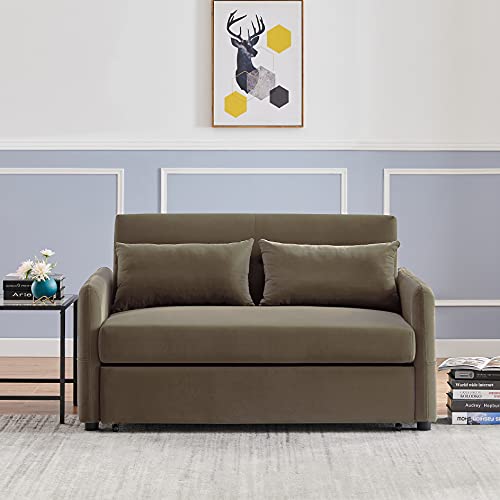 Melpomene 57" W Pull Out Sofa Bed, Convertible Sectional Futon Sofa Couch, Compact Soft Velvet Sofa Bed with 2 Lumbar Pillows and Side Pocket, for Living Room Apartment.(Light Brown)