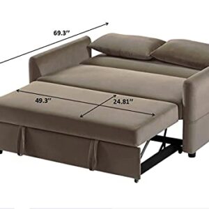 Melpomene 57" W Pull Out Sofa Bed, Convertible Sectional Futon Sofa Couch, Compact Soft Velvet Sofa Bed with 2 Lumbar Pillows and Side Pocket, for Living Room Apartment.(Light Brown)