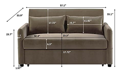 Melpomene 57" W Pull Out Sofa Bed, Convertible Sectional Futon Sofa Couch, Compact Soft Velvet Sofa Bed with 2 Lumbar Pillows and Side Pocket, for Living Room Apartment.(Light Brown)
