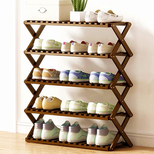 QUMENEY Foldable Bamboo Shoe Rack, 5 Tier Portable Folding Shoes Storage Organizer, No Assembly Free Standing Boots Shelf Suitable for Entryway, 27.5 x 9.8 x 30in (Dark)