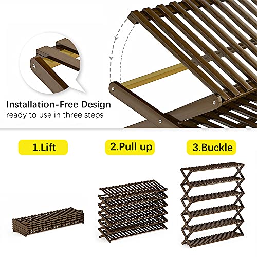 QUMENEY Foldable Bamboo Shoe Rack, 5 Tier Portable Folding Shoes Storage Organizer, No Assembly Free Standing Boots Shelf Suitable for Entryway, 27.5 x 9.8 x 30in (Dark)