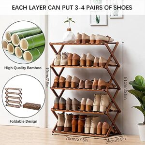 QUMENEY Foldable Bamboo Shoe Rack, 5 Tier Portable Folding Shoes Storage Organizer, No Assembly Free Standing Boots Shelf Suitable for Entryway, 27.5 x 9.8 x 30in (Dark)