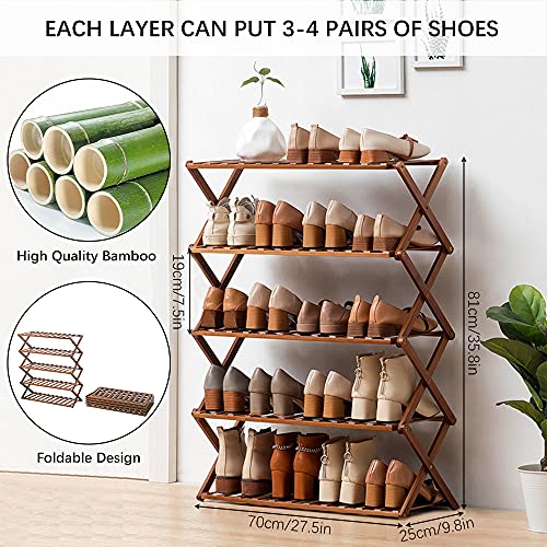 QUMENEY Foldable Bamboo Shoe Rack, 5 Tier Portable Folding Shoes Storage Organizer, No Assembly Free Standing Boots Shelf Suitable for Entryway, 27.5 x 9.8 x 30in (Dark)