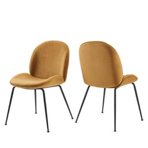 modway scoop performance velvet dining chairs-set of two in cognac with black metal legs