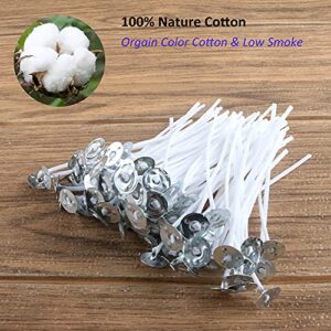 MILIVIXAY 3.5 inch Candle Wick Bundle: 100PCS Candle Wicks, 100PCS Candle Wick Stickers and 6PCS Wooden Candle Wick Holders - Wicks Coated with Paraffin Wax, Cotton Wicks Kits for Candle Making.