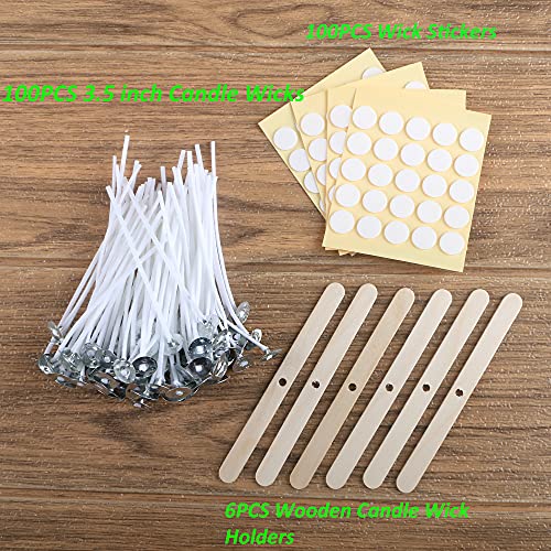 MILIVIXAY 3.5 inch Candle Wick Bundle: 100PCS Candle Wicks, 100PCS Candle Wick Stickers and 6PCS Wooden Candle Wick Holders - Wicks Coated with Paraffin Wax, Cotton Wicks Kits for Candle Making.