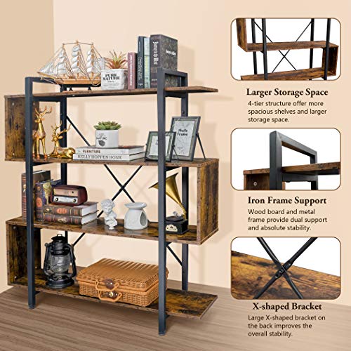 Becko US Bookshelf Vintage Industrial Bookcase 4 Tier S Shaped Display Book Shelves Storage Rack Shelves Z Shaped Shelges for Bedroom Home Office Living Room Entryway Hallway (Rustic Brown)