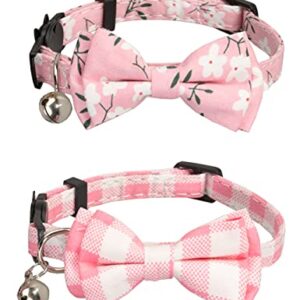 Gyapet Pink Cat Collar Breakaway Safety with Bell Bow Tie Pack in 2 Plaid Flower Pattern Kitten 7-11in Pink Flower & Plaid