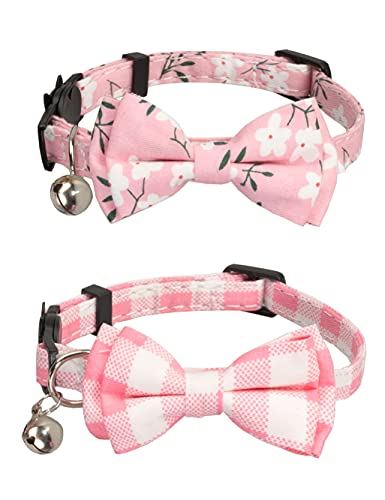 Gyapet Pink Cat Collar Breakaway Safety with Bell Bow Tie Pack in 2 Plaid Flower Pattern Kitten 7-11in Pink Flower & Plaid