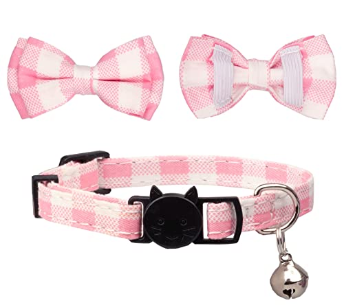 Gyapet Pink Cat Collar Breakaway Safety with Bell Bow Tie Pack in 2 Plaid Flower Pattern Kitten 7-11in Pink Flower & Plaid