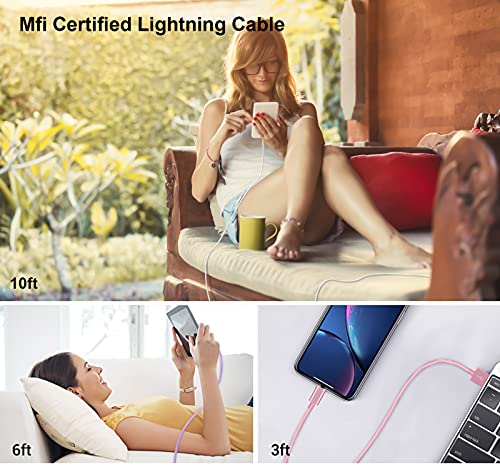 iPhone Charger Apple Mfi Certified (10ft 6ft 6ft 3ft) 4 Pack iPhone Charging Lightning Cables(Purple Silver Pink Gold) Nylon Long Chargers Cord Compatible iPhone 12 13 Pro Max 11 XS XR SE 8 7 Plus 5s