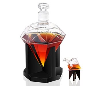 whiskey decanter, diamond decanter, glass liquor decanter with wooden holder for bourbon, liquor, rum, bourbon, scotch, great gifts for men glass decanter with airtight stopper - 850ml/27oz