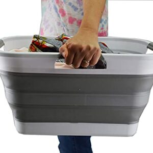 SAMMART 30L (8 gallon) Collapsible Plastic Laundry Basket - Foldable Pop Up Storage Container/Organizer - Portable Washing Tub - Space Saving Hamper/Basket - Water Capacity 24L(6.3 gallon) (1, White/Grey)