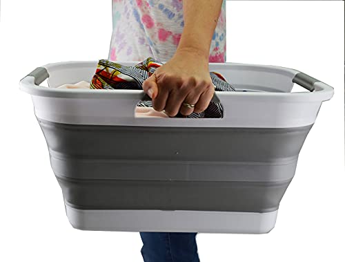 SAMMART 30L (8 gallon) Collapsible Plastic Laundry Basket - Foldable Pop Up Storage Container/Organizer - Portable Washing Tub - Space Saving Hamper/Basket - Water Capacity 24L(6.3 gallon) (1, White/Grey)