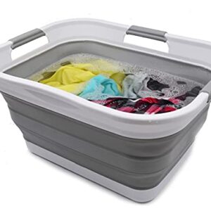 SAMMART 30L (8 gallon) Collapsible Plastic Laundry Basket - Foldable Pop Up Storage Container/Organizer - Portable Washing Tub - Space Saving Hamper/Basket - Water Capacity 24L(6.3 gallon) (1, White/Grey)