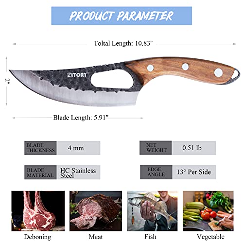 Kitory Meat Cleaver 6 inch,Viking Knife Forged Boning Knife Butcher Fishing Filet & Bait Knife, Full Tang Hammered HC Stainless Blade Walnut Wood Handle Kitchen Knife for Home, BBQ, Camping, Deboning