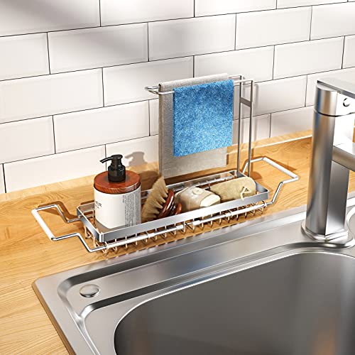 YOUGUENYUN Kitchen Sink Caddy, Retractable Kitchen Sink Organizer,Sponge Brush Soap Storage Rack for Kitchen,304 Stainless Steel Sink Rack Basket, Rustproof,Non-Slip