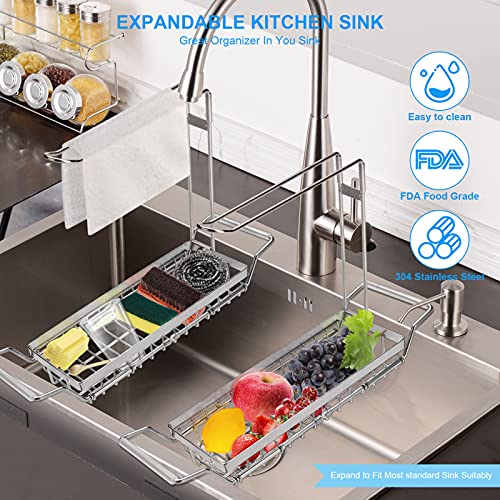 YOUGUENYUN Kitchen Sink Caddy, Retractable Kitchen Sink Organizer,Sponge Brush Soap Storage Rack for Kitchen,304 Stainless Steel Sink Rack Basket, Rustproof,Non-Slip