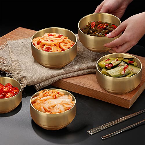 4Pack Thick 304 Stainless Steel Bowls, Small Double Wall Rice Bowls, Stainless Steel Soup Bowl Salad Bowl Noodle Bowl, Metal Bowls for Fruit Cereal Snack Appetizer (Gold, 4.7in)