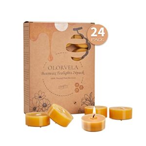 olorvela beeswax candles 24 pack tealight candles handmade of pure beeswax, 4 hour burn time, clear cup beeswax tea lights