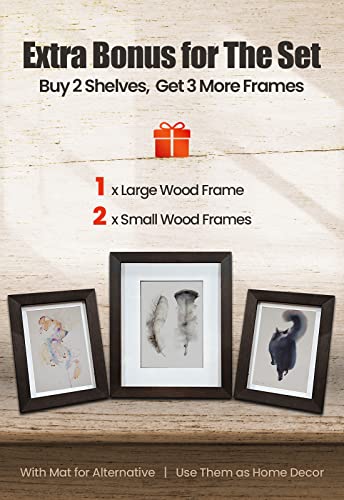 LYNNC Floating Shelves, 2 Rustic Wood Shelves + 3 Photo Frames, Wall Shelves for Bedroom, Living Room, Bathroom, Kitchen, Cocoa Brown