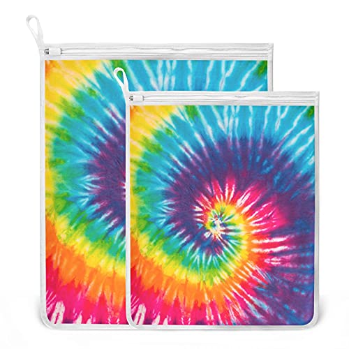 susiyo Mesh Laundry Bag for Delicates, 2 Pcs Chic Colorful Rainbow Tie Dye Lingerie Bags for Laundry with Zipper